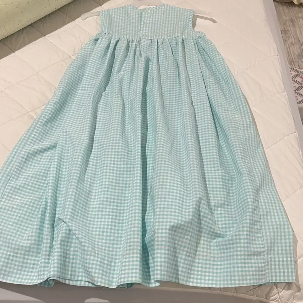 Orient express 7 Blue Gingham Sleeveless Dress smocking with daisies very long